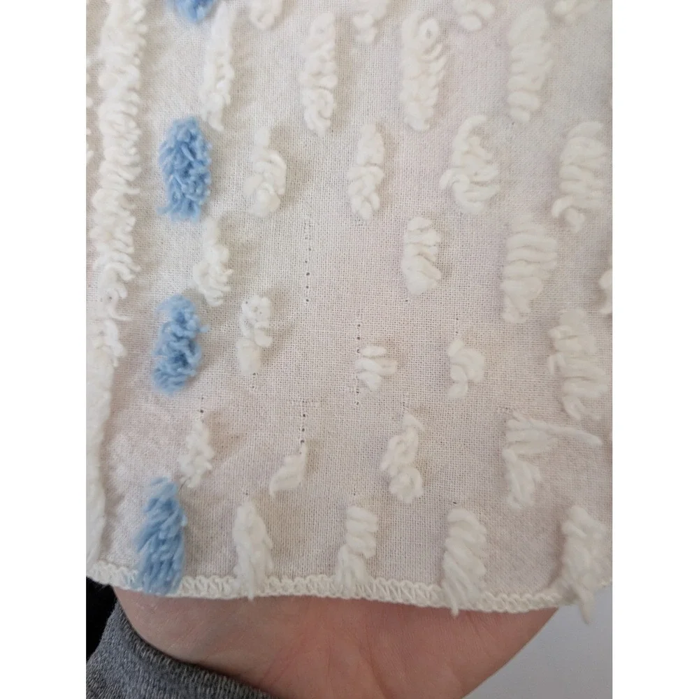 Vtg White Blue Floral Cotton Chenille Throw‎ Blanket Fringe Made USA Americana